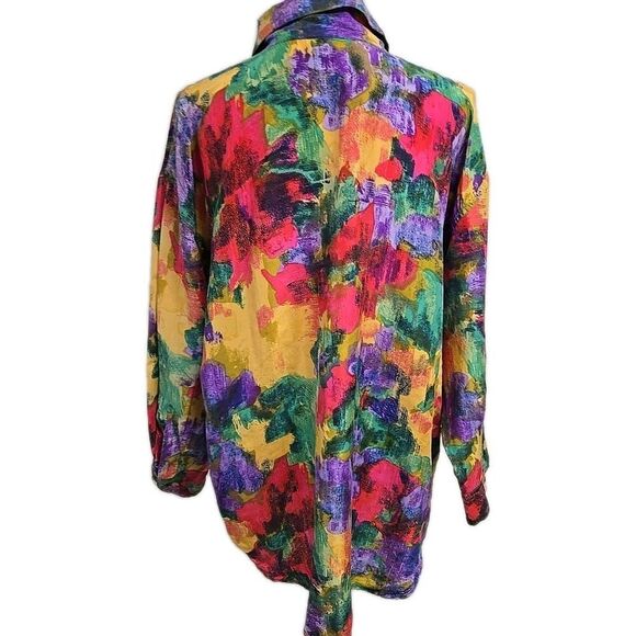 Basic Editions 100% SILK Watercolor Button Up Long Sleeve Top Retro Women’s Sz L - Picture 3 of 7